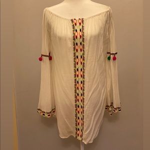 Solitaire swim cover up small cream w/Pom poms